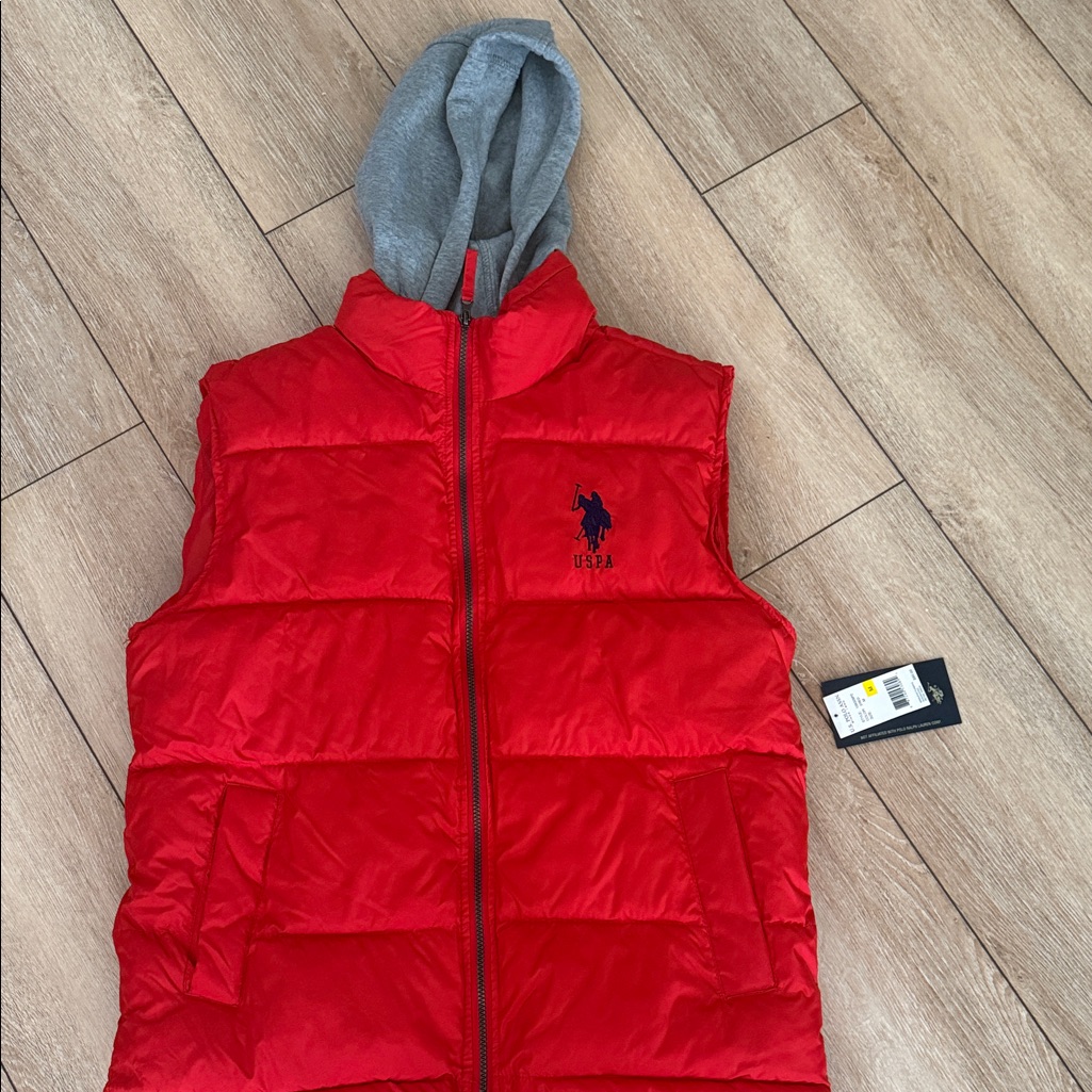 U.S. Polo Assn. Red Puffer Vest With Gray Hood